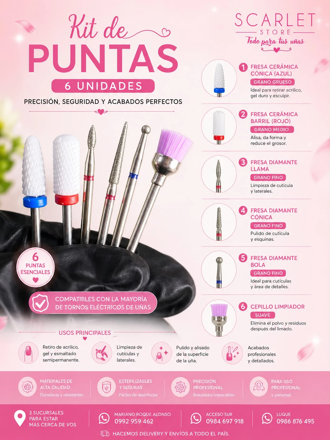 KIT DE PUNTAS PARA TORNO DE UÑAS - SET DE 6 UNIDADES